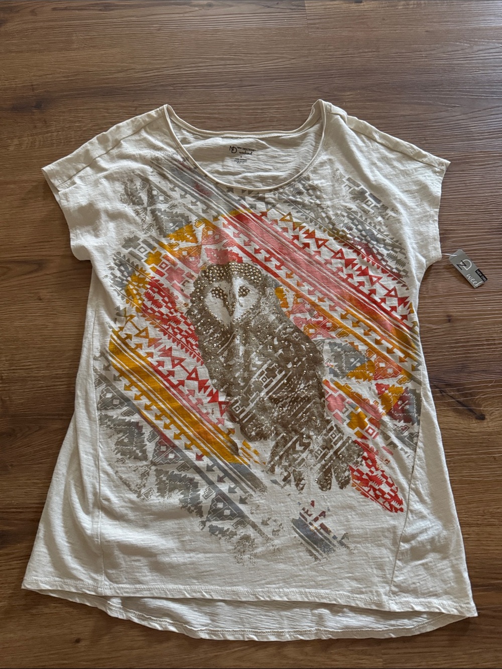 new directions Cream Short Sleeve Owl Tee with Pink & Mustard Aztec Accents